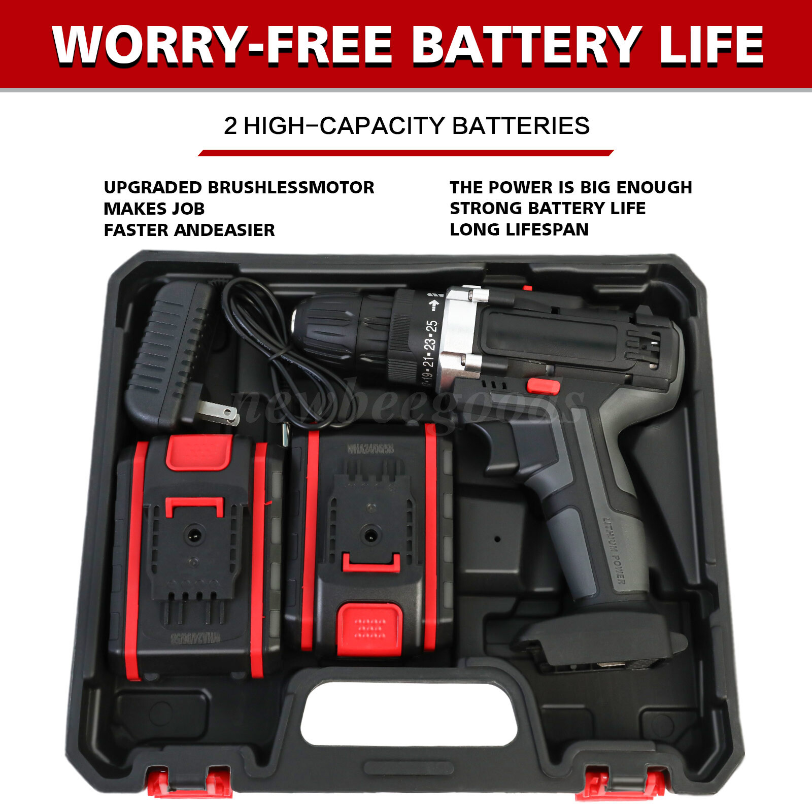 21V Electric Drill 3/8″ Power Cordless Screwdriver Drill Set with 2 Battery Kit