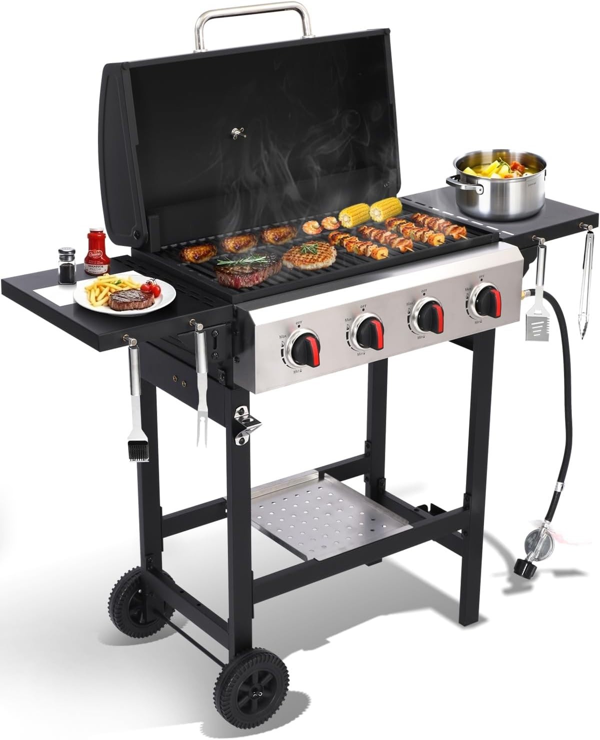 4 Burner Gas Grill with Cast Iron Grate Stainless Steel Pan, 40000 BTU BBQ Grill