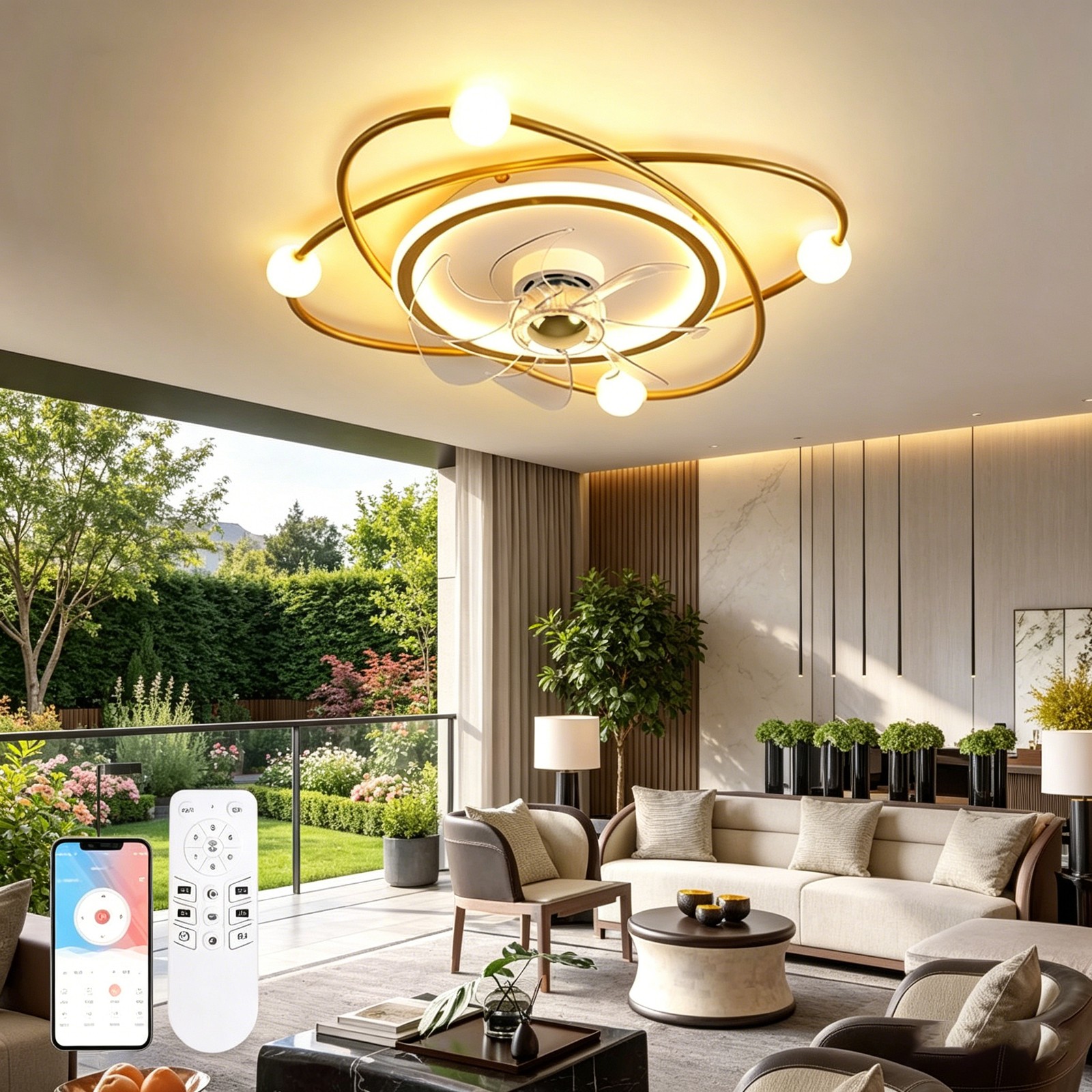 Premium Metal Ceiling Fan Light Fixture Dimmable for Cafe Dining Room Interior