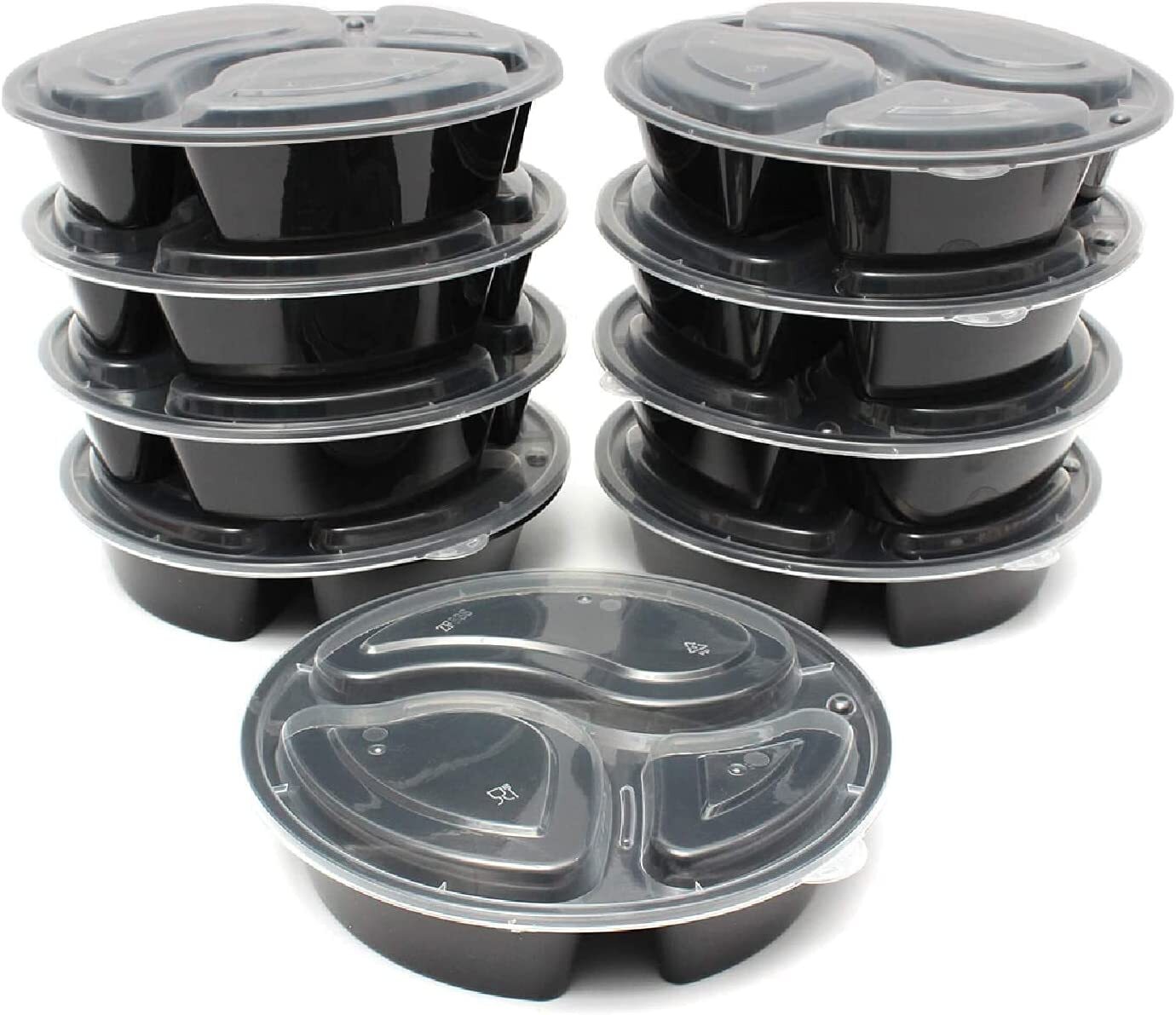 48oz Black Round 3 Compartments Plastic Meal Prep Containers With Clear Dome Lid