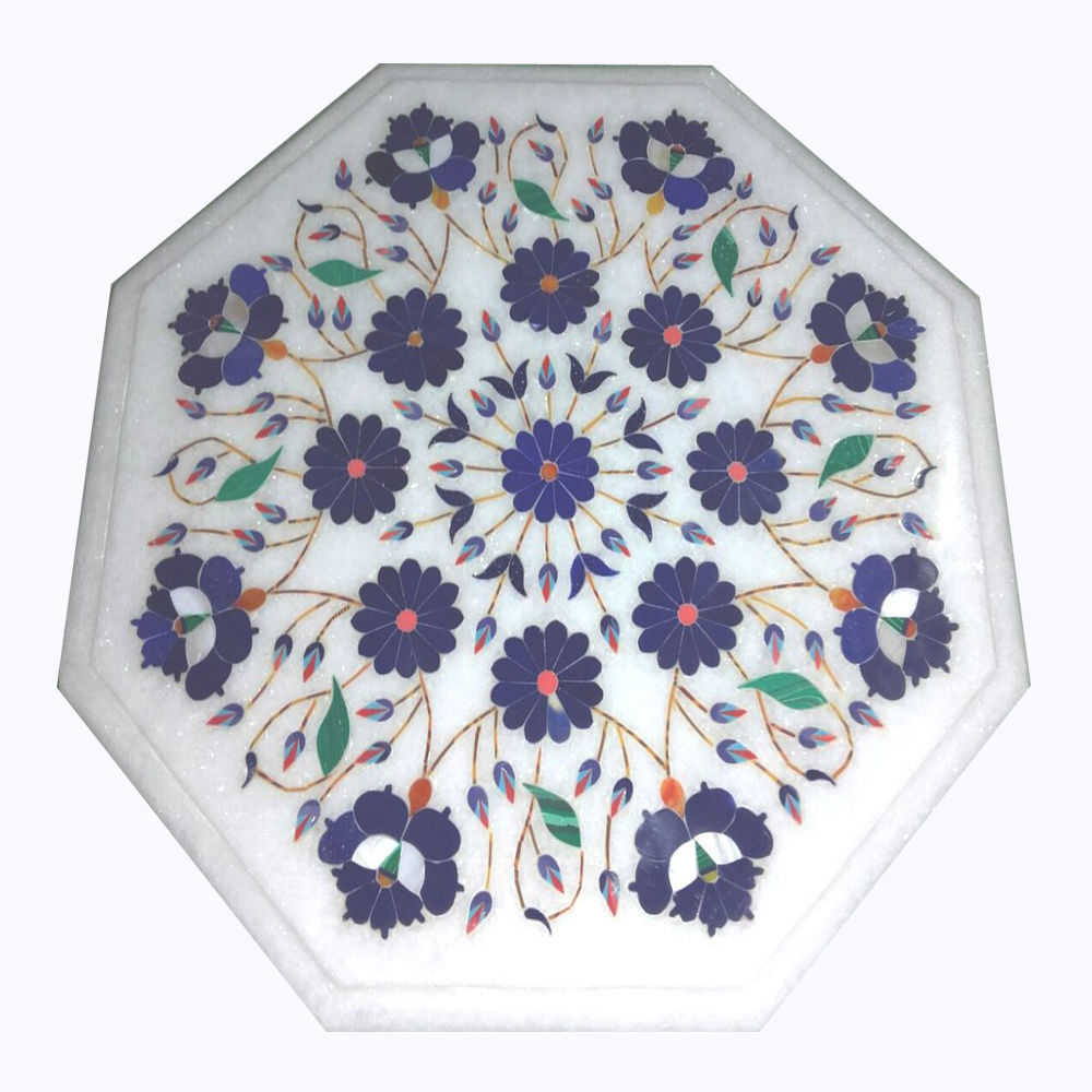 18″ Marble Coffee Table Top Lapis Inlay Pietra dure Handmade Home Decor