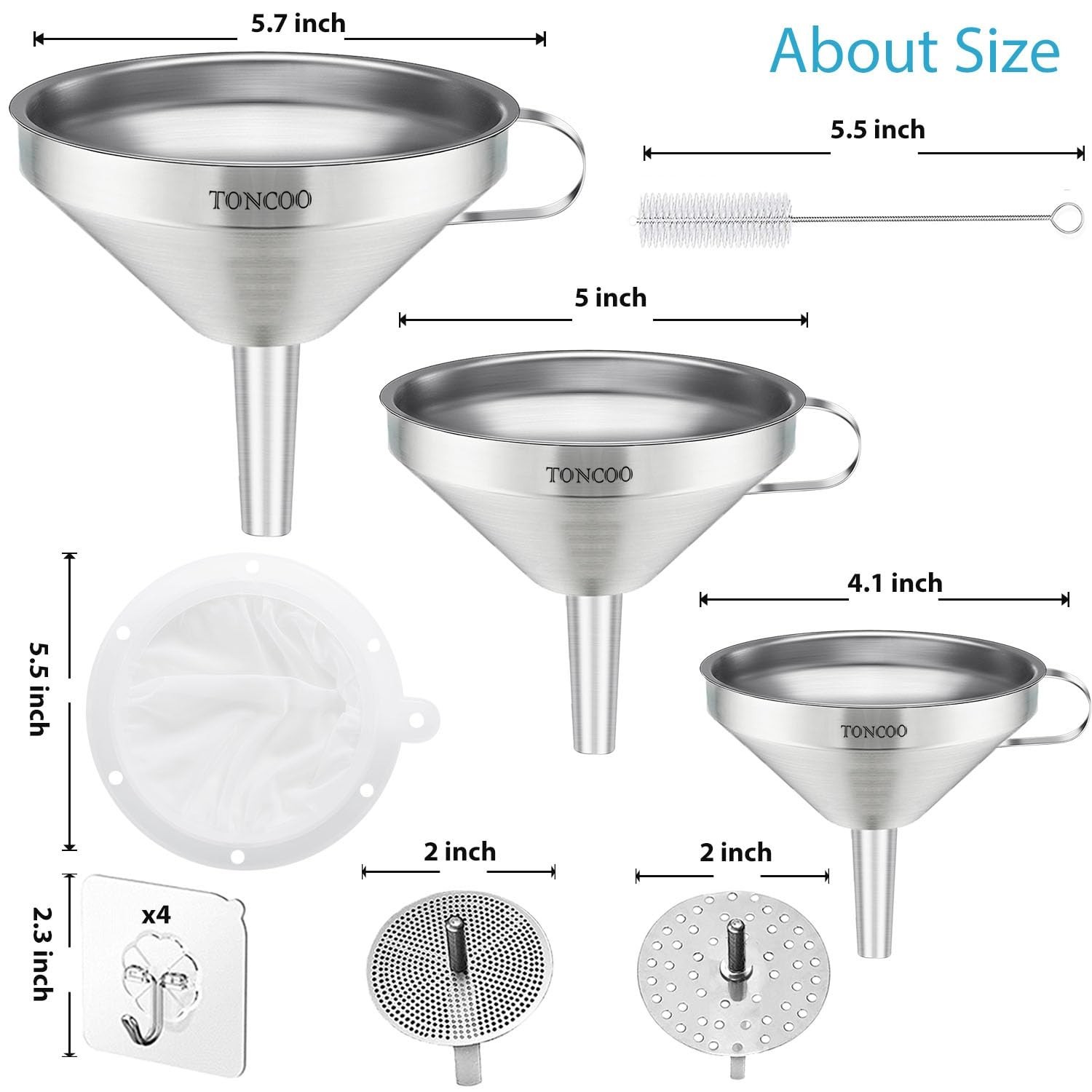 3 Pack Stainless Steel Funnels for Kitchen Use, Food Grade Cooking Funnel wit…