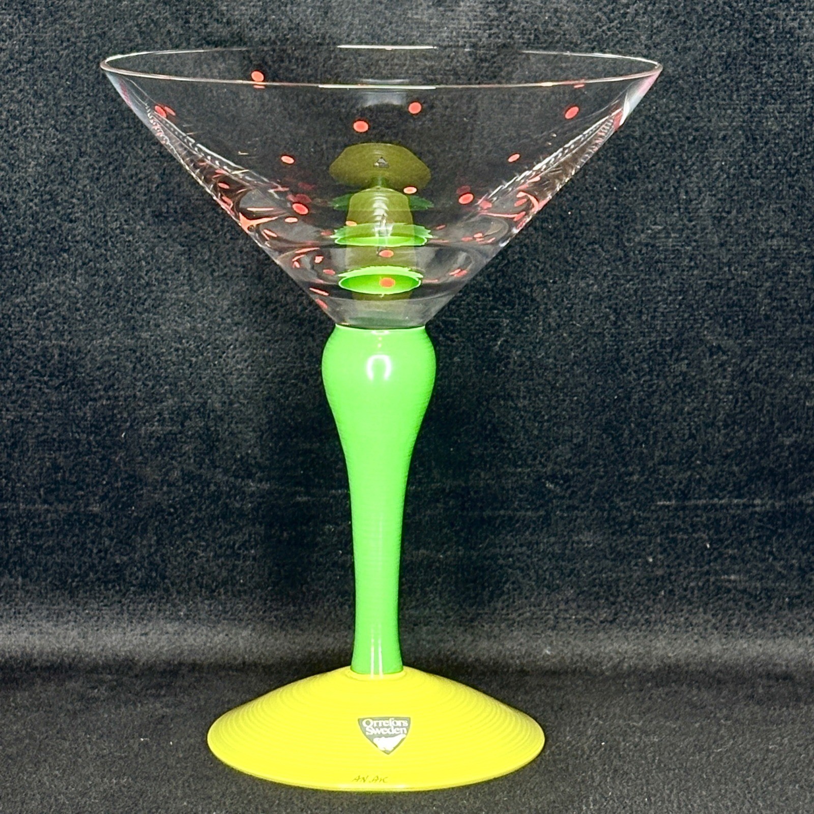 Orrefors Sweden Clown Martini Glass Anne Nilsson Signed Green Yellow Red Dot