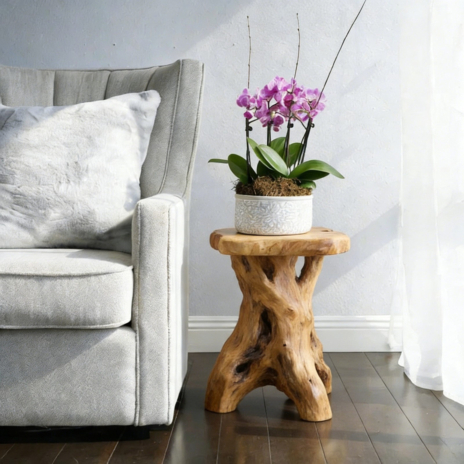 Rustic Cedar Roots Flower Stand Stool, Tree Stump Stool Side Table 19.5″ H