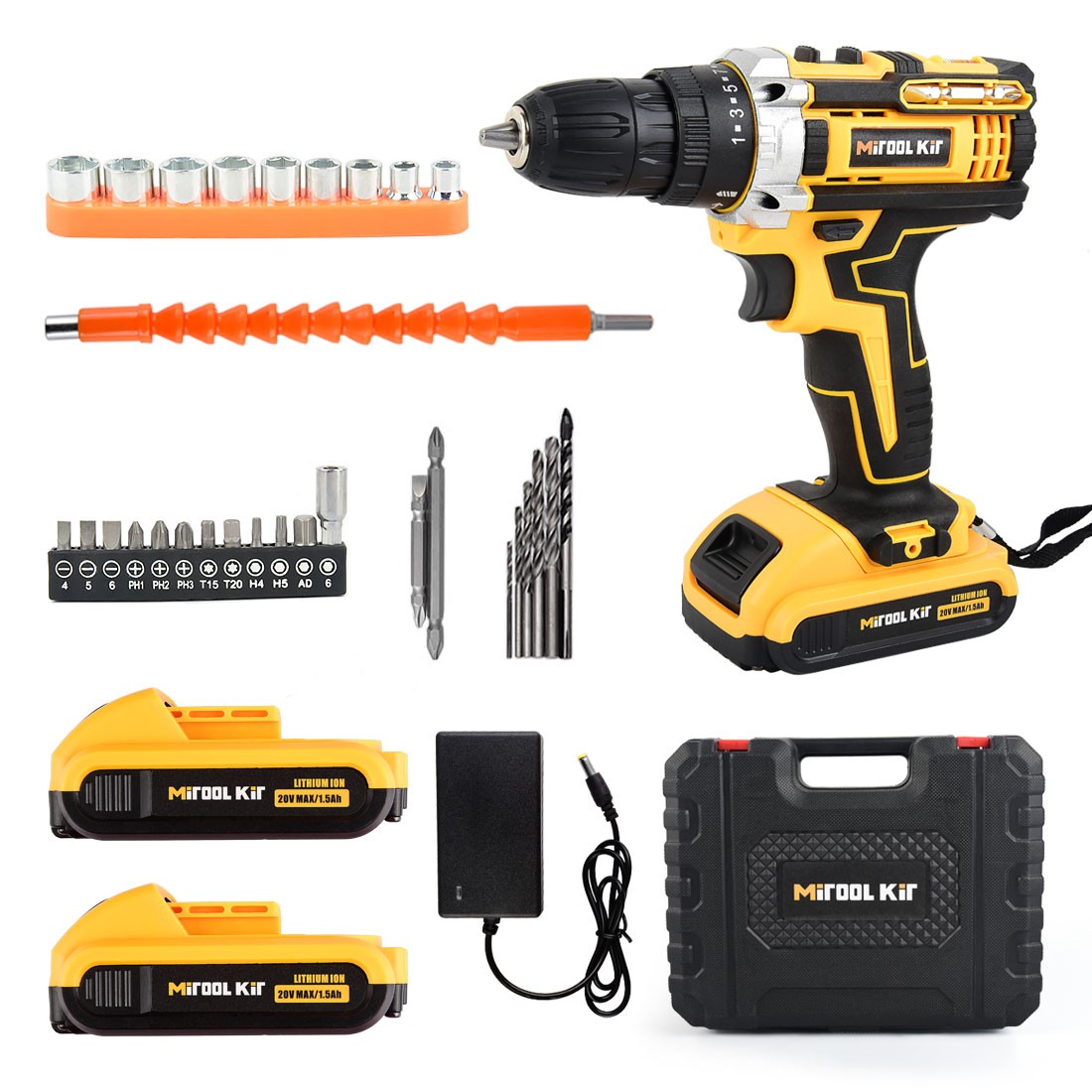 20V Cordless Electric Drill Set w/ Batteries 3/8-Inch Chuck Driver Bits and Tool