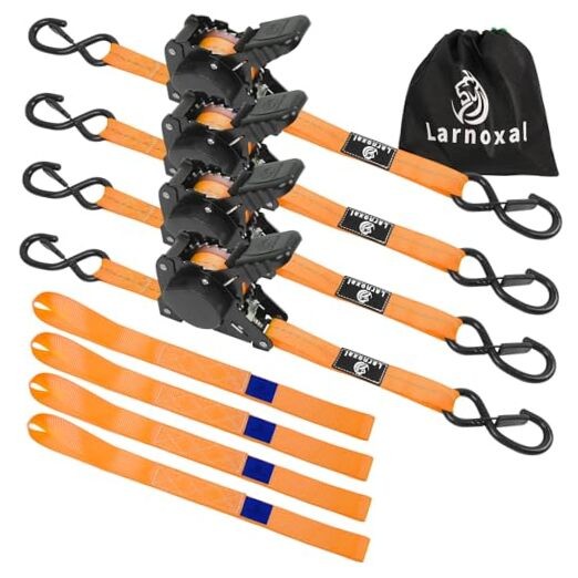 Retractable Ratchet Straps 4 Pack – 1,500 Lbs Break Strength 1 in x 10 Orange
