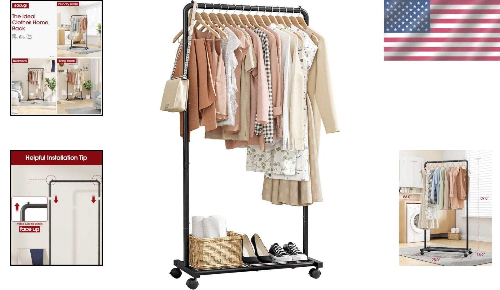Compact Heavy-Duty Clothing Rack with Movable Shelves & Casters – 28×16.9×59