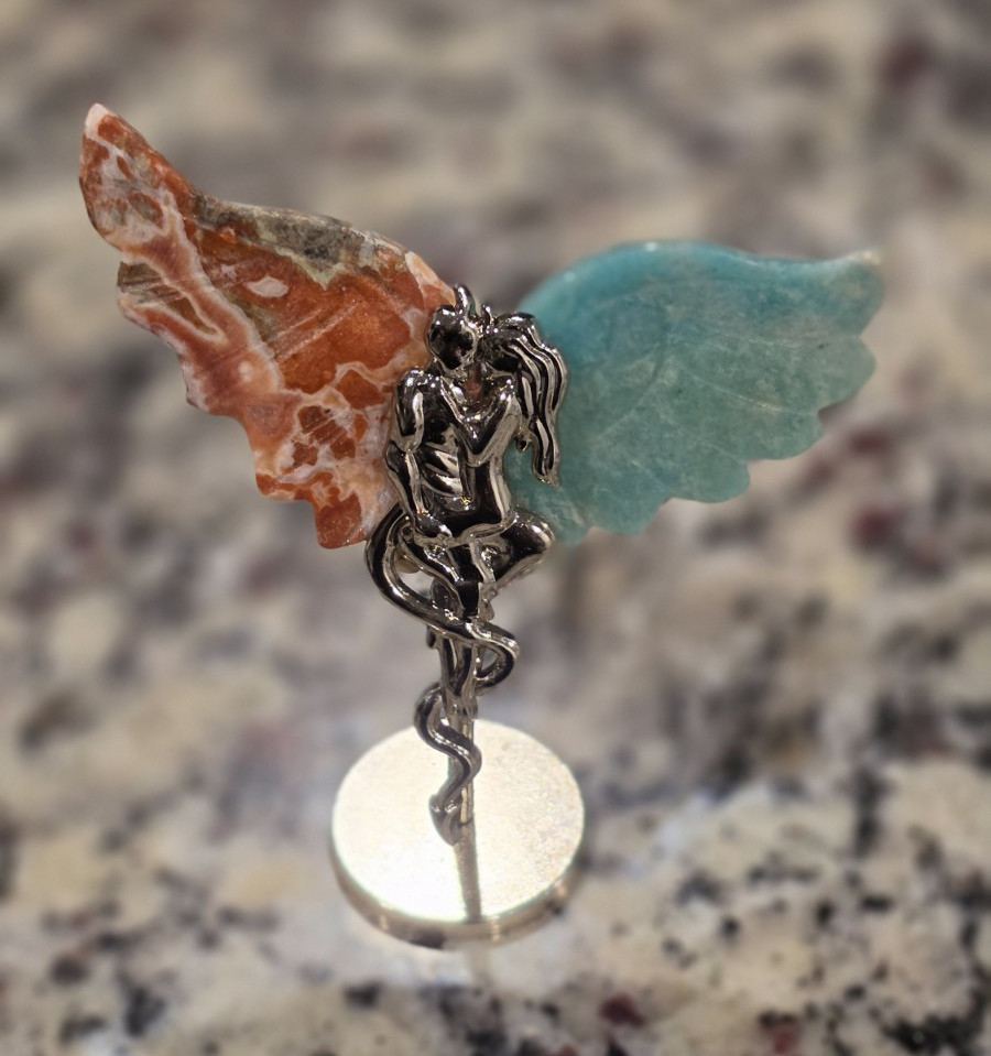 Handcrafted Angel & Demon Motif Figurine Gemstone Metal 3.5in 43g
