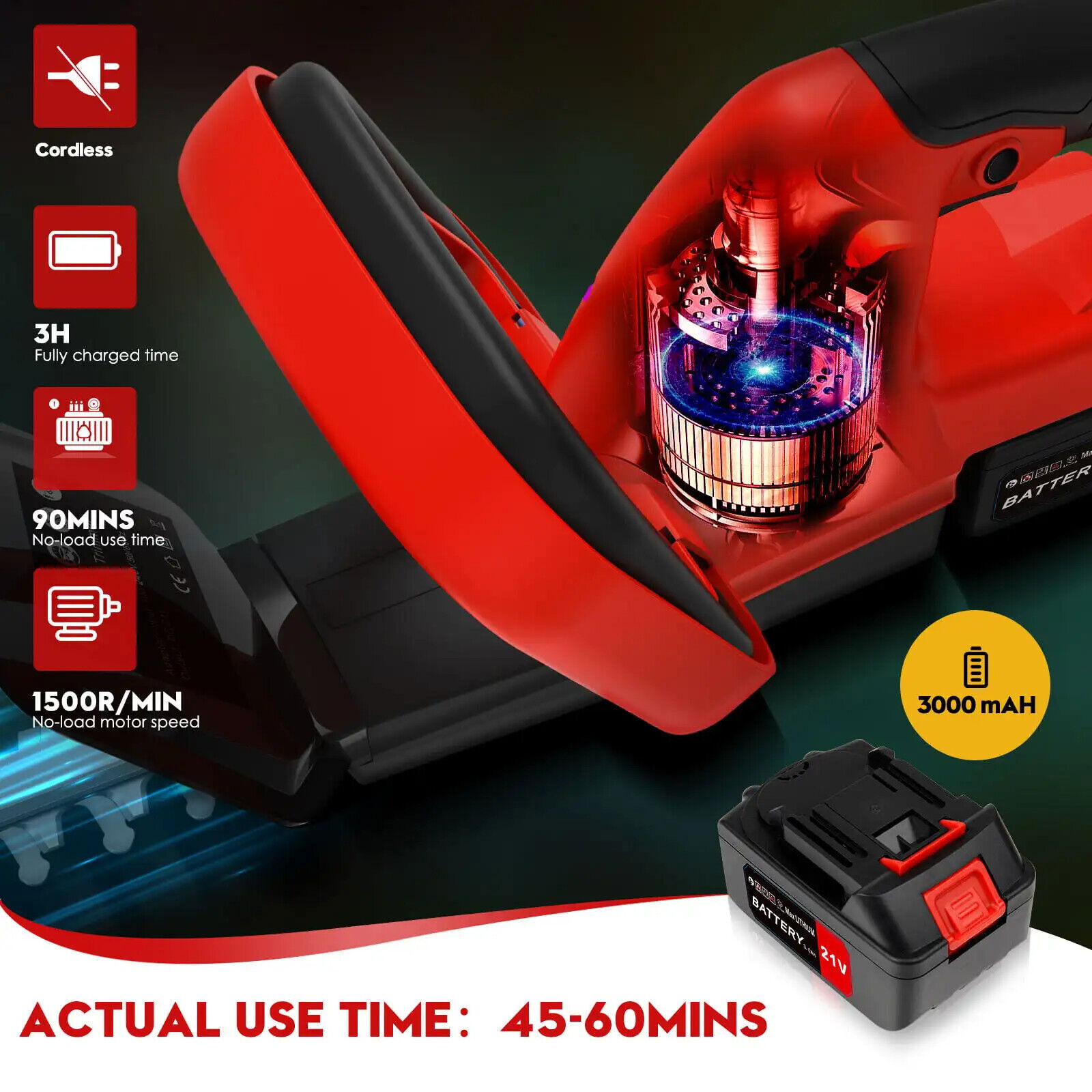 22” Electric Hedge Trimmer Cordless Power Hedge Trimmer with 2Battery & Charger