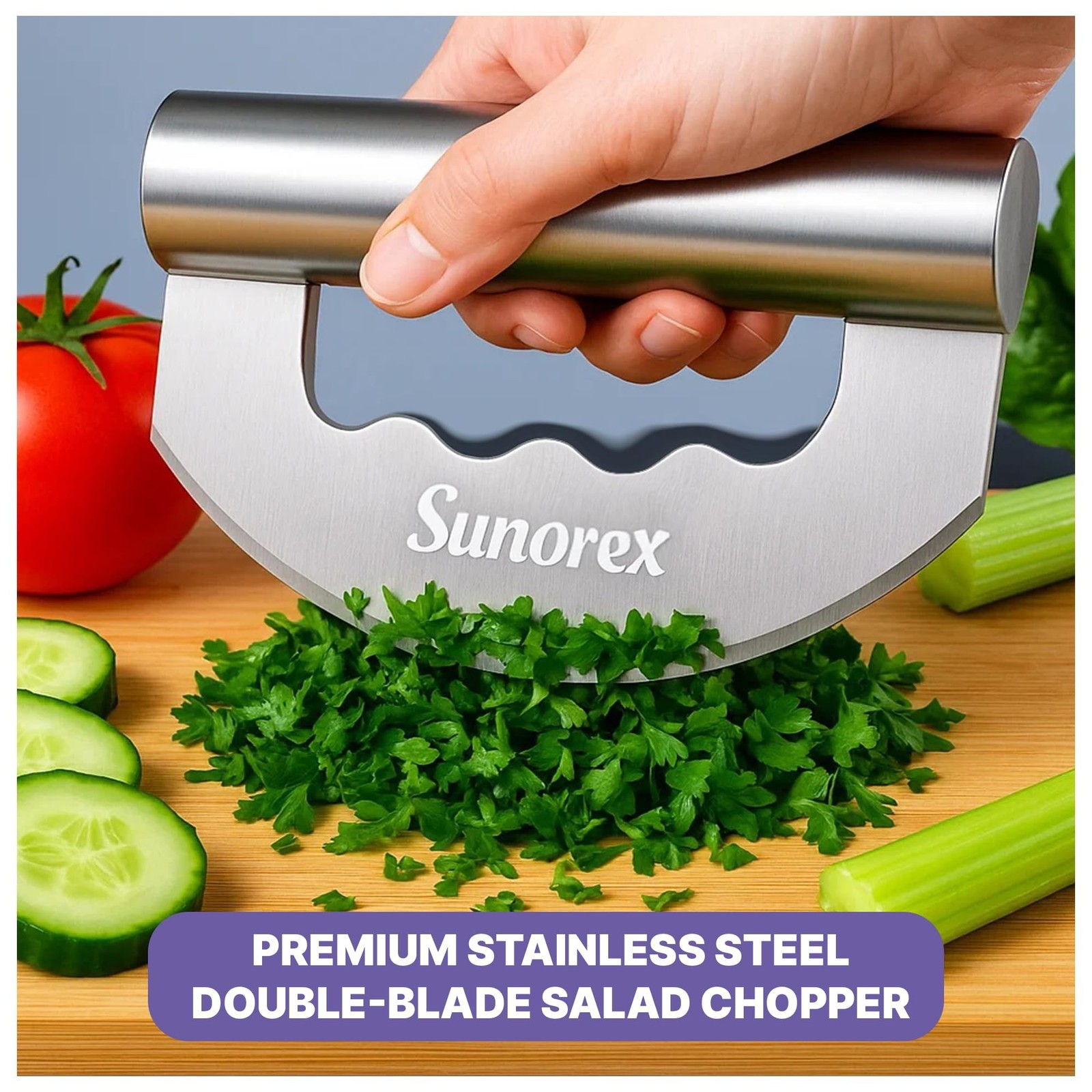 Salad Chopper Set – Stainless Steel Double Blade Mezzaluna Chopper with 2