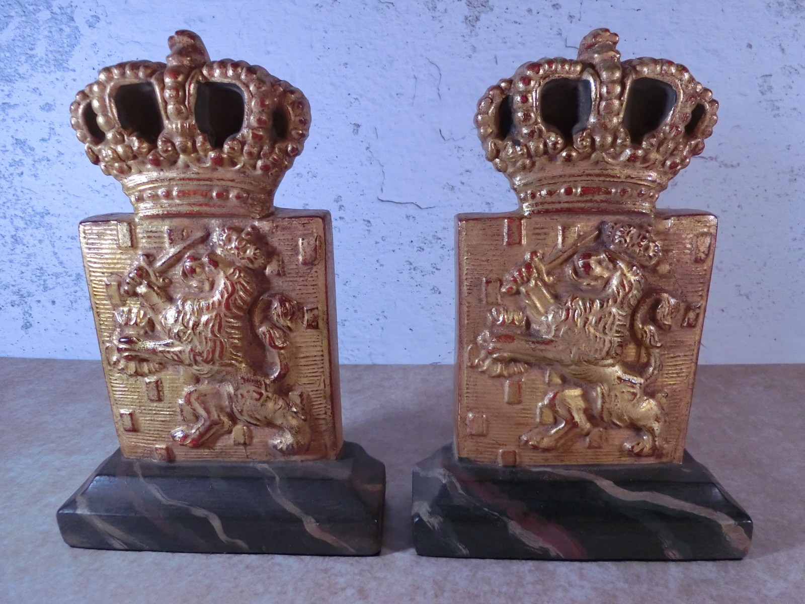 Gold Gilded Regal Lion & Crown Bookends w/Marbleized Base English British Style