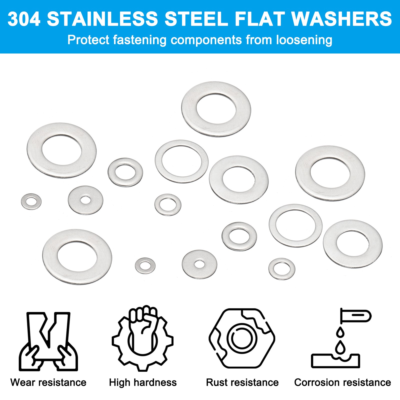 50 Pcs 304 Stainless Steel Flat Washer Metal Fender Washers (M10x16x1mm)