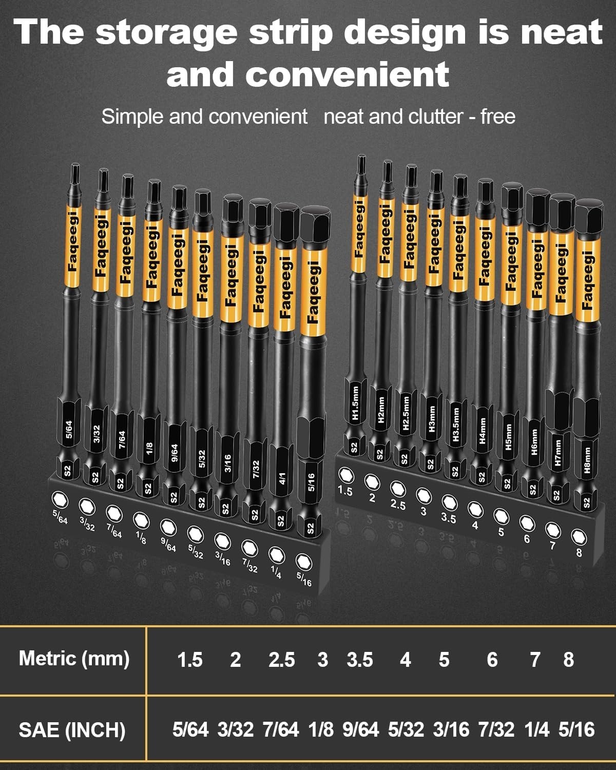 4-Inch Long Hex Bit Set 20PCS (Metric & SAE) Impact Allen Wrench/Key Drill Bit