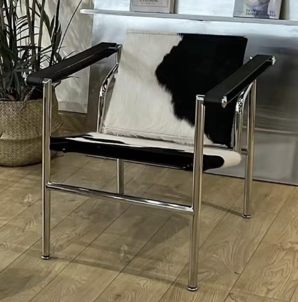 Black & White PU Leather Animal Print Mid Century Accent Chair, Steel Frame