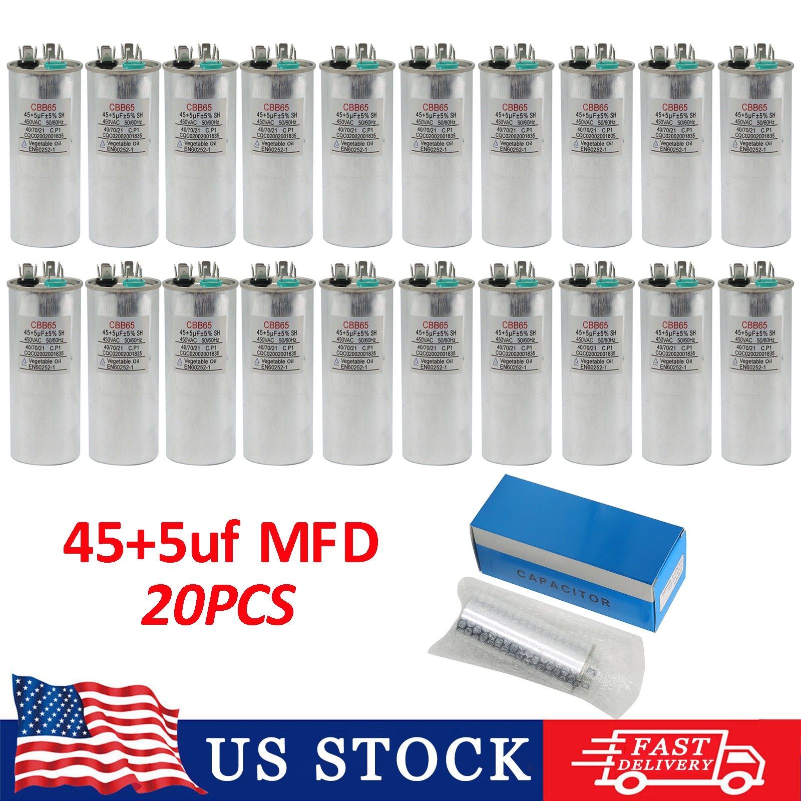 45+5uF 45+5MFD 370-450 V AC High Quality Motor Dual Run Capacitor CBB65 -20 Pack