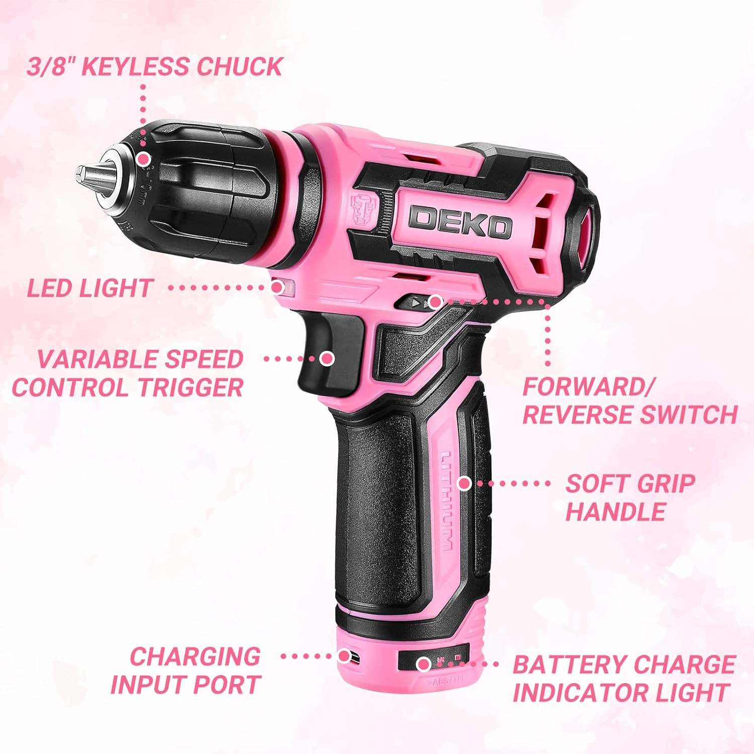 DEKOPRO 12V Cordless Power Drill Set, Pink, 800RPM Electric Drill with Tool Kit