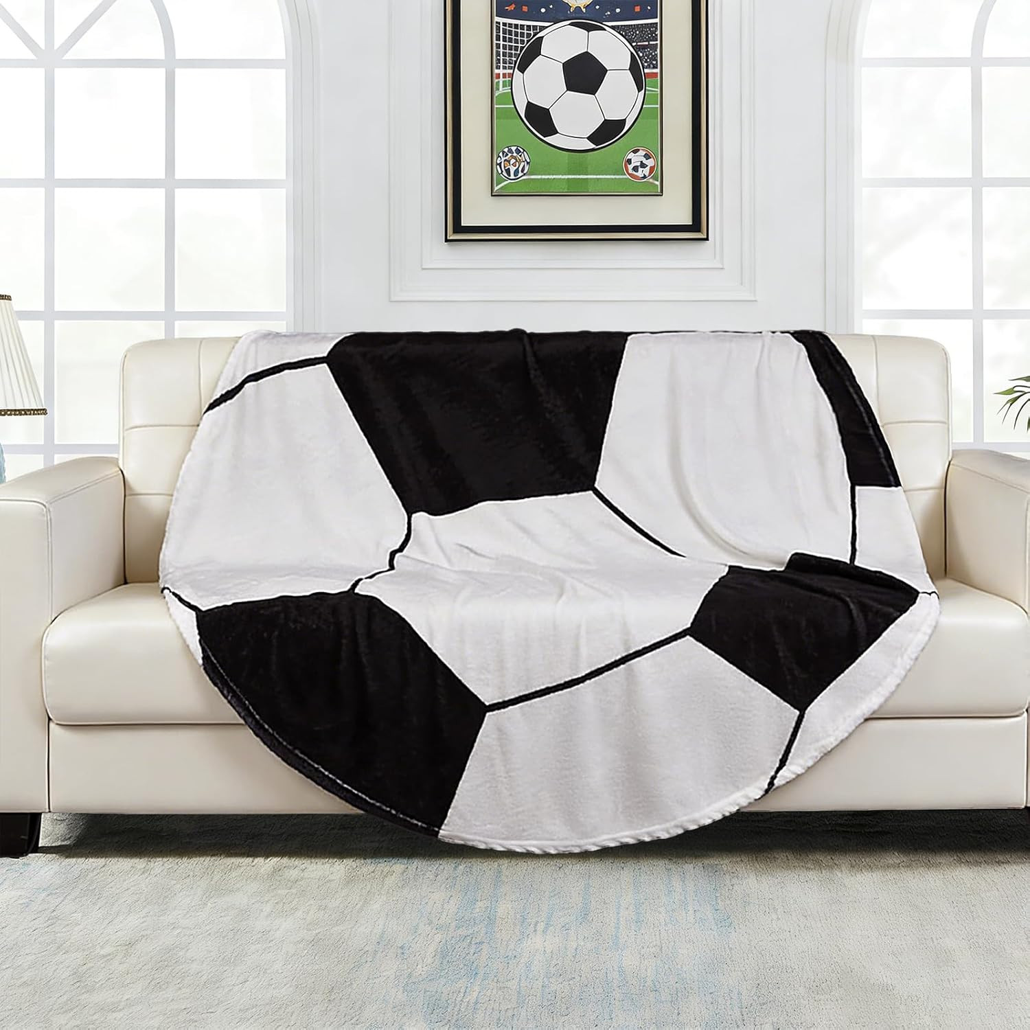 60″ round Sports Blanket for Teens Adults,Throw Blankets for Bed,Fleece Soccer B