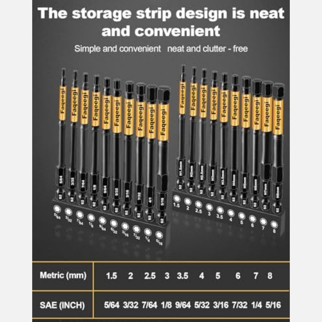 4-Inch Long Hex Bit Set 20PCS (Metric & SAE) Impact Allen Wrench/Key Drill Bit