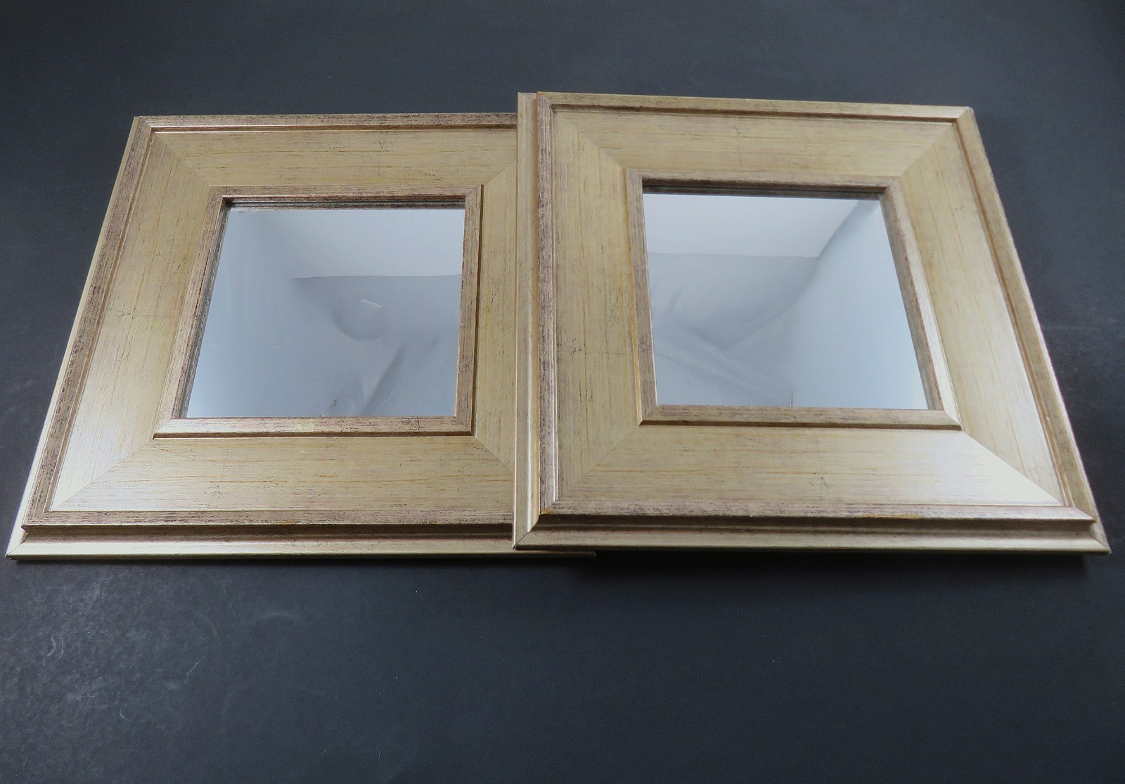 Pair Regency Square Wall Mirrors Framed In Beveled Gold Plastic Wood-Look 9.8 In