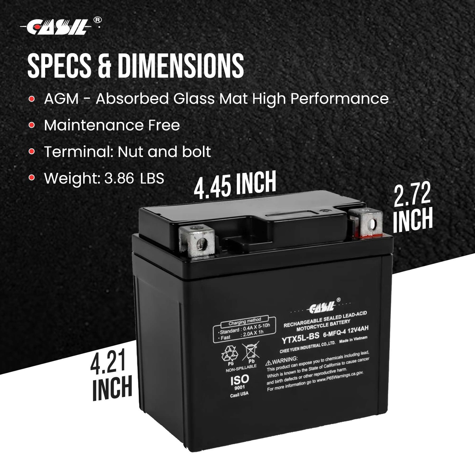 Casil YTX5L-BS – Rechargeable Motorcycle 4.48inch x 2.79inch x 4.17inch
