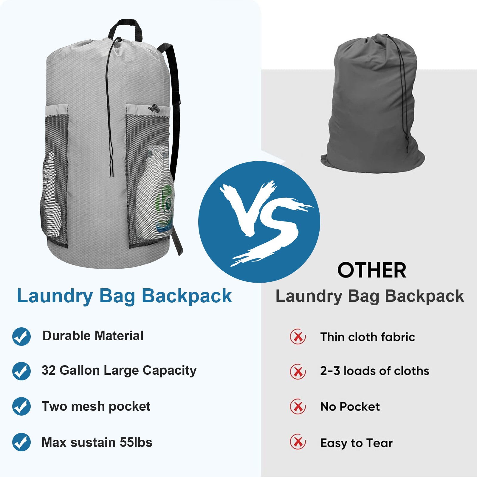 120L Large Laundry Bag Backpack with Straps & Two Mesh Pockets for College Dorm