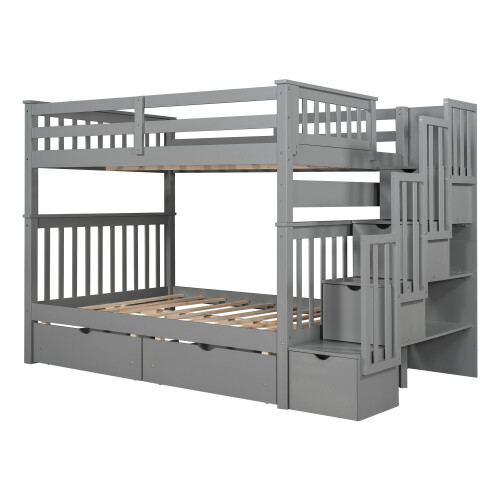 Full Over Full Bunk Bed w/ 6 Storage Drawers & Stairs For Kids Teens Adults Gray