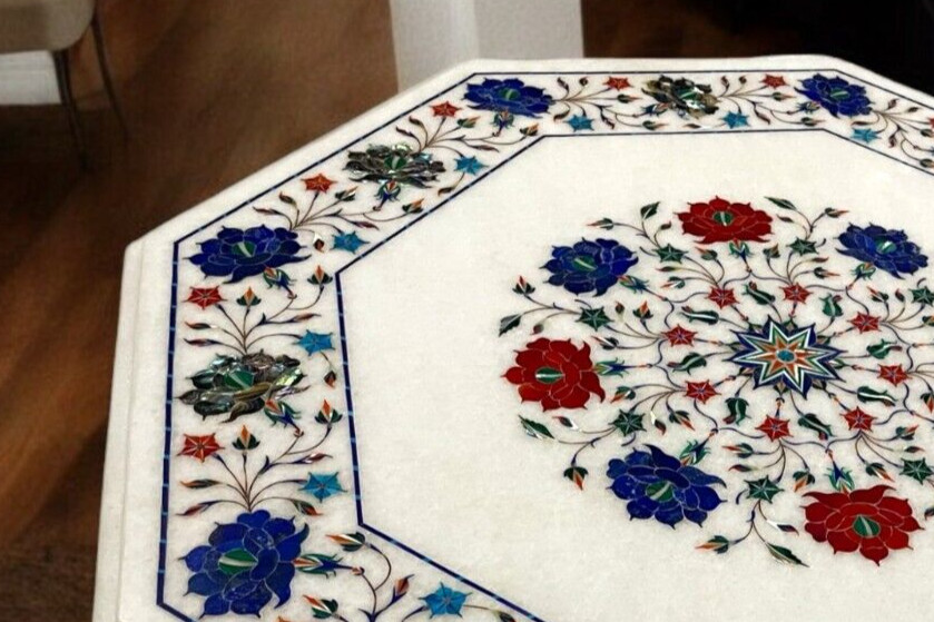 Buy White Marble Sofa Center Table Handcrafted Carnelian with Lapis Inlay Stone