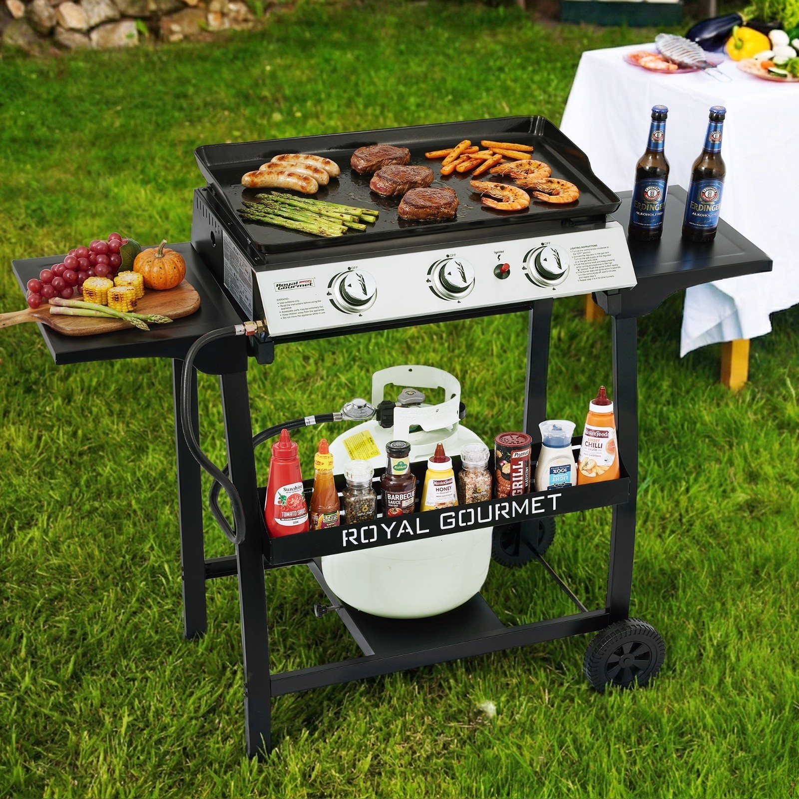 Royal Gourmet Tabletop Griddle Stand with Basket and Side Shelves, Black
