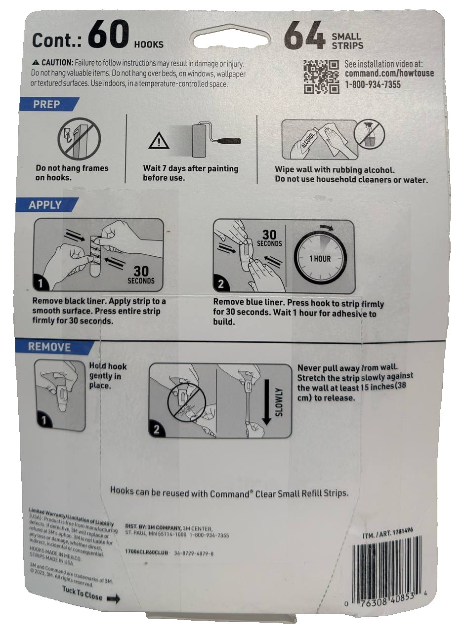 Command Damage-Free Hanging Mini Hooks, Holds 0.5 lb, INDOOR, 60 Hooks 64 Strips