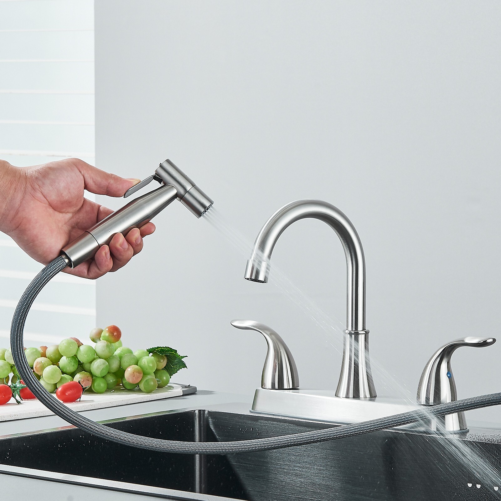 Brushed Nickel Kitchen Faucet 2Handle 4 Hole Sink Mixer Faucet with Side Sprayer