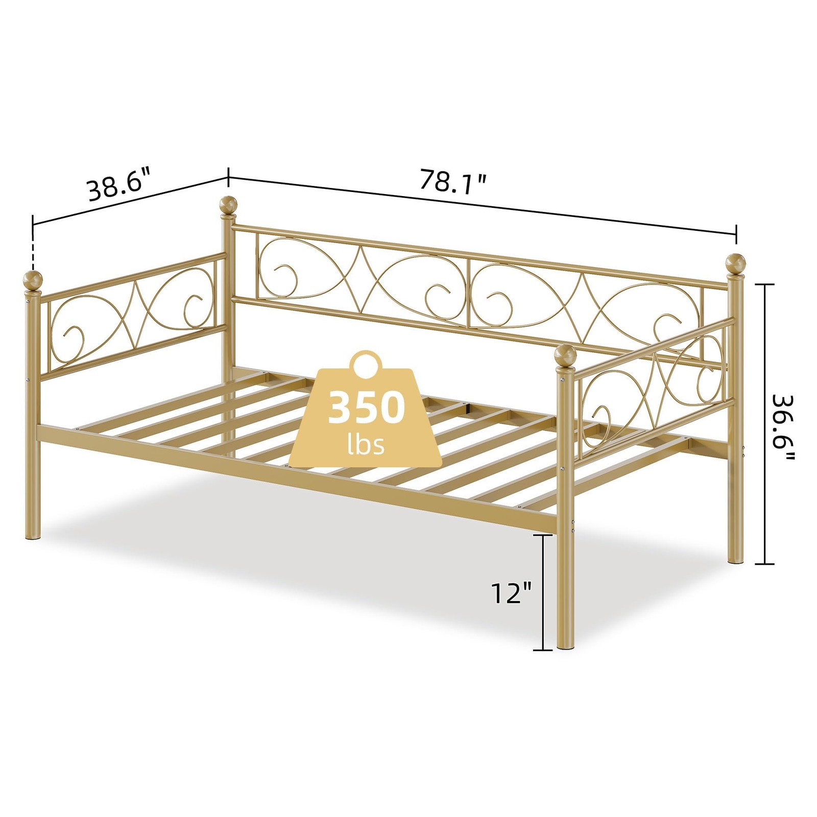 Metal Daybed Frame Twin Size with Headboard Heavy Duty Slats Platform Sofa Bed