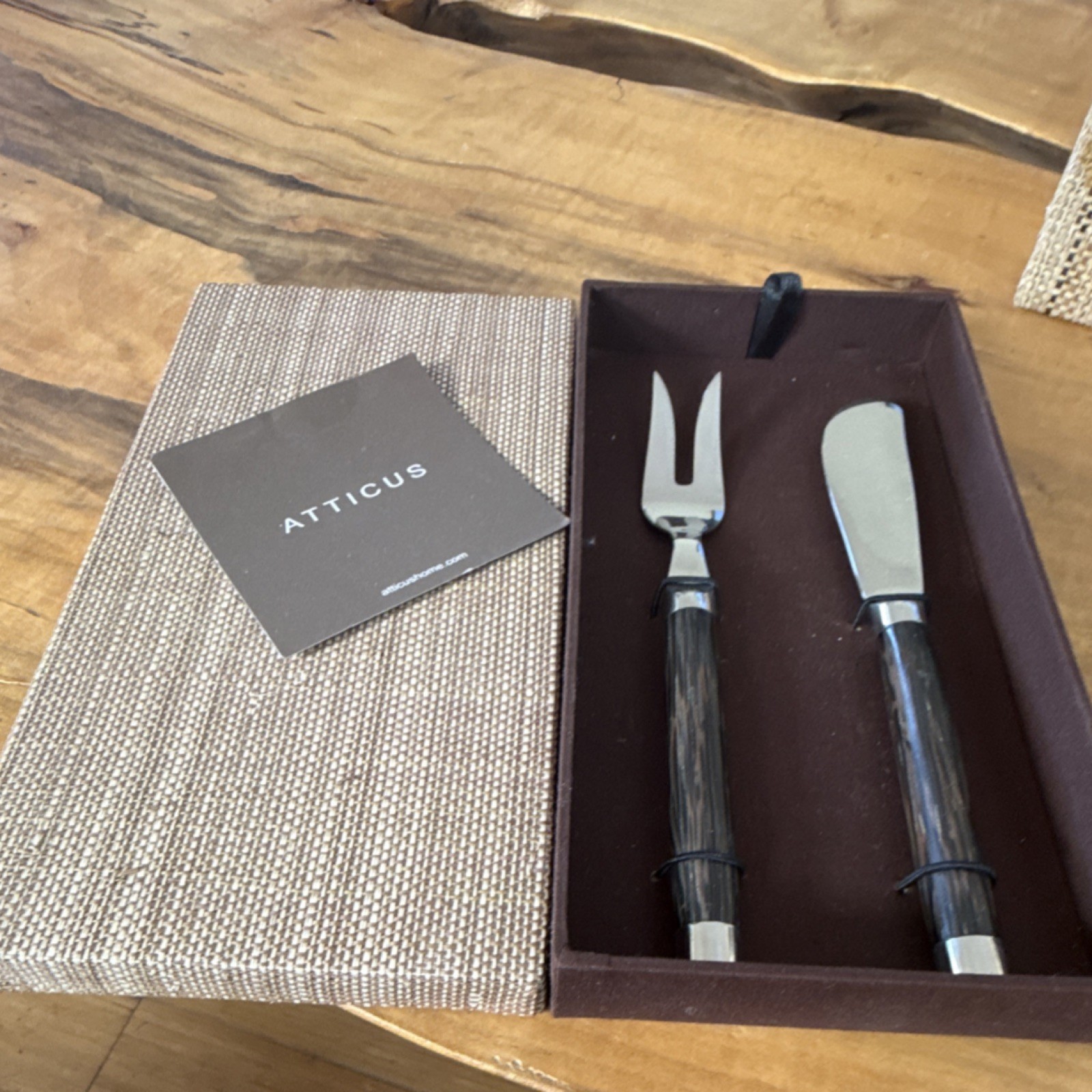 NEW Atticus Cheese Knife & Fork Set Stainless Steel Wood Handles woven Gift Box