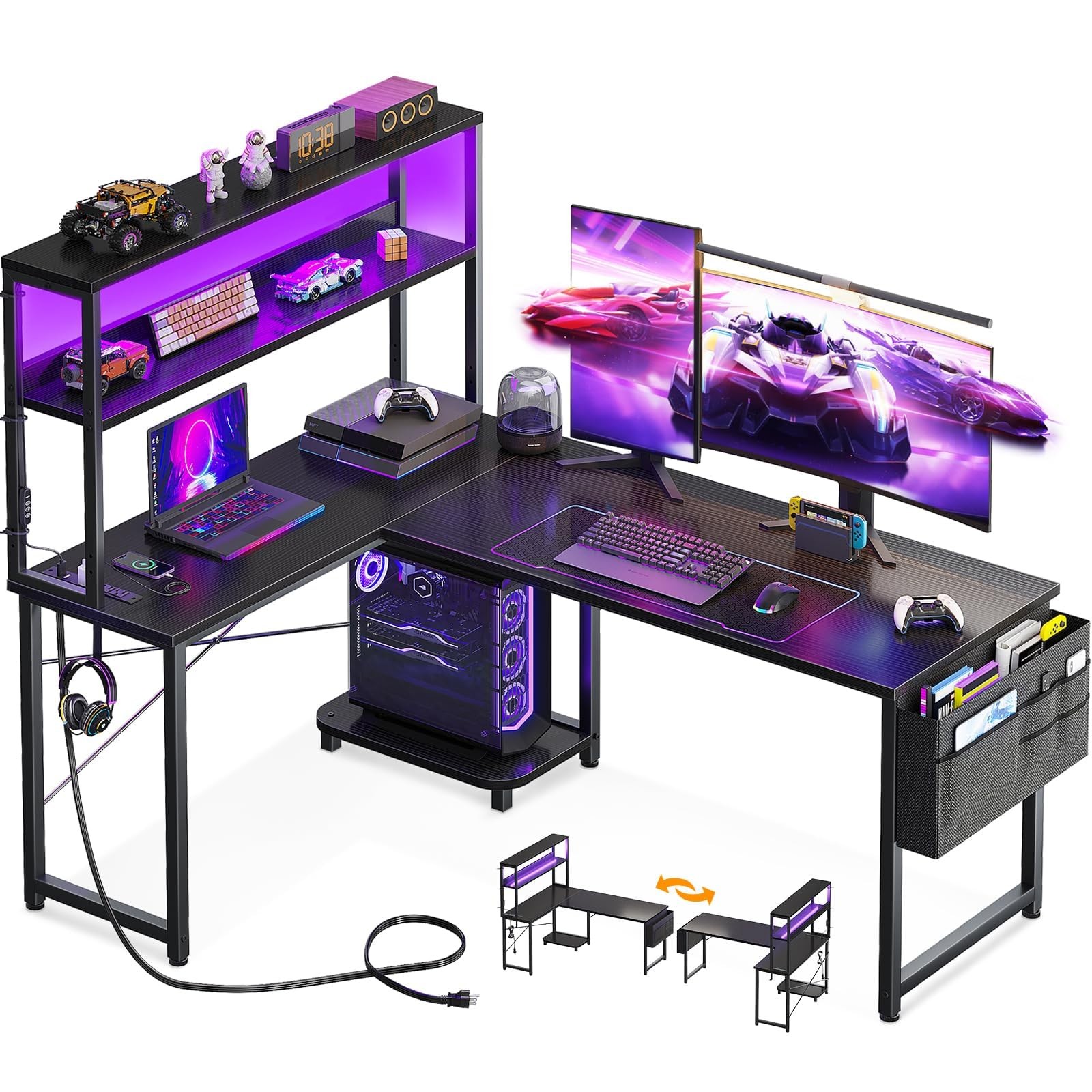 AODK L Shaped Desk Gaming with LED Light & Power Outlet, 53 inch, Black