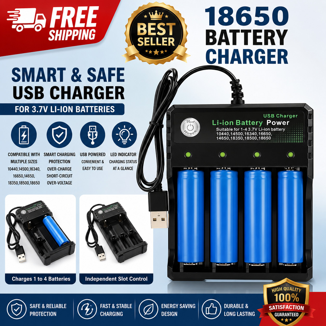 18650 Battery Charger 1/2/4 Slots Dual 18650 Charging 3.7V Rechargeable Lithium