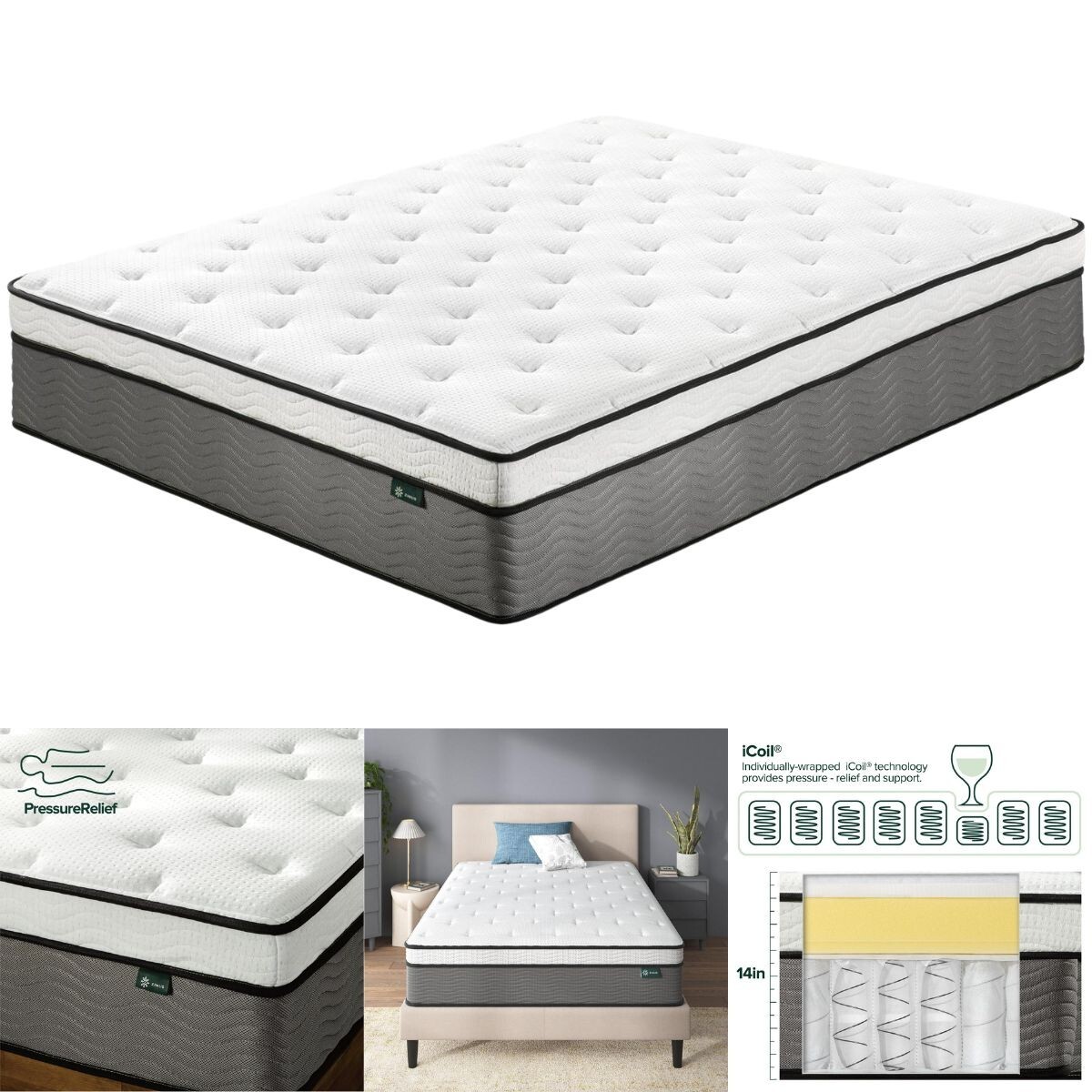 Zinus Pressure Relief Extra Firm Hybrid Mattress Comfort Foam and Pocket Spring