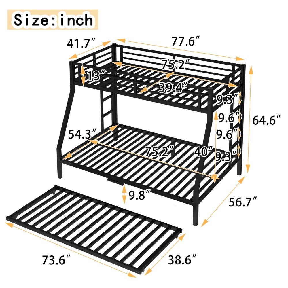 Twin Over Twin Bunk Bed with Twin Trundle Triple Bunk Beds for Kids Teens Adults