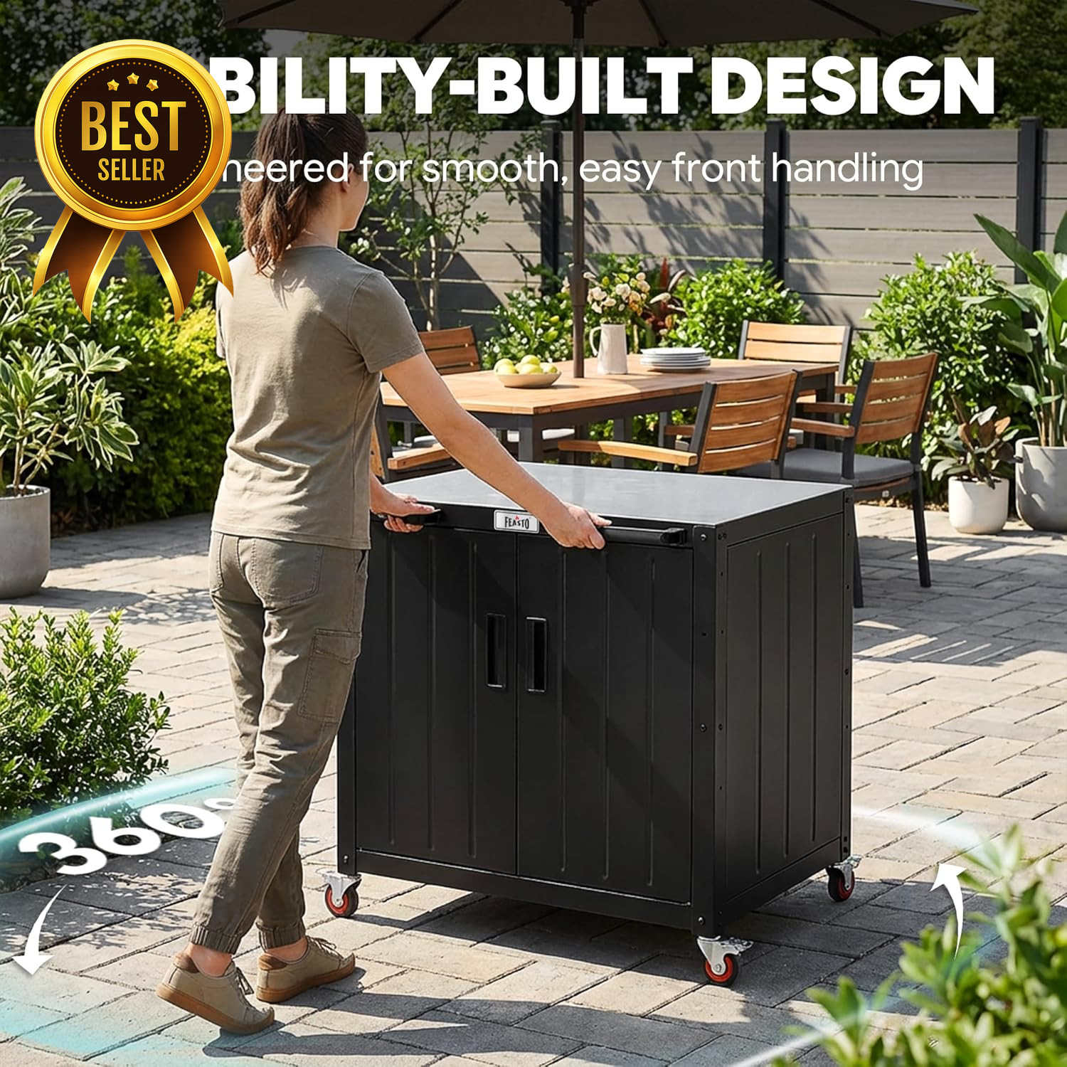 35in Outdoor Grill Cart BBQ Prep Station Stainless Steel Top Storage Cabinet