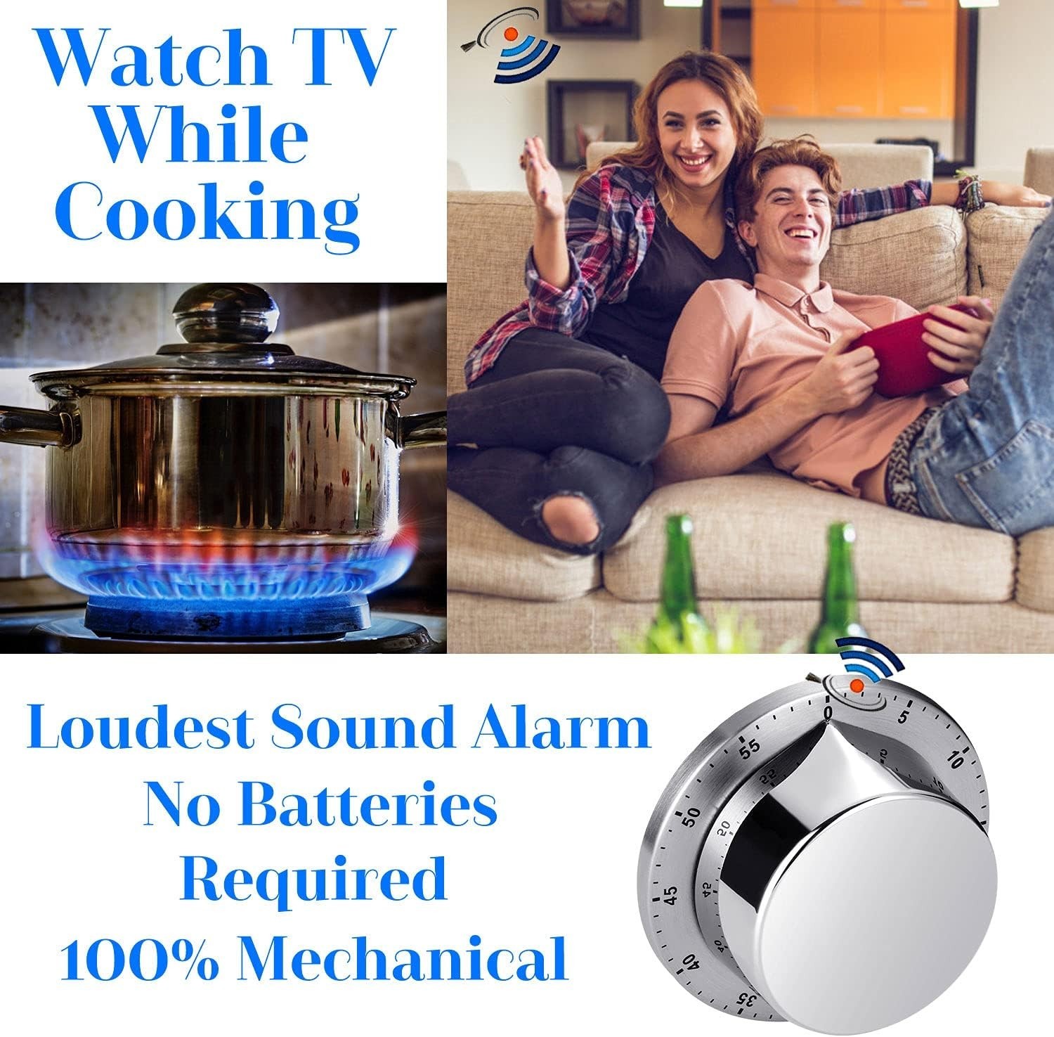 Stainless Steel Kitchen Timer with Loud 70db Alarm – No Batteries Required