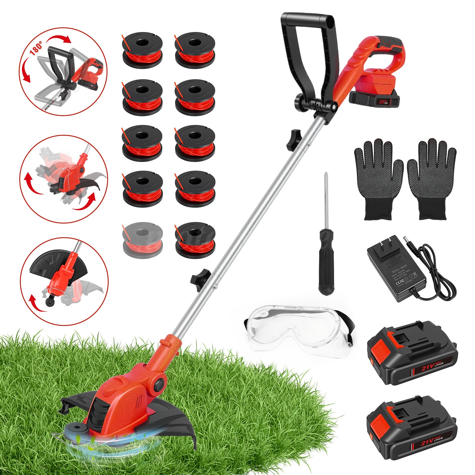 Electric Cordless Grass String Trimmer Lawn Edger Weed Cutter+2 Battery+1Charger