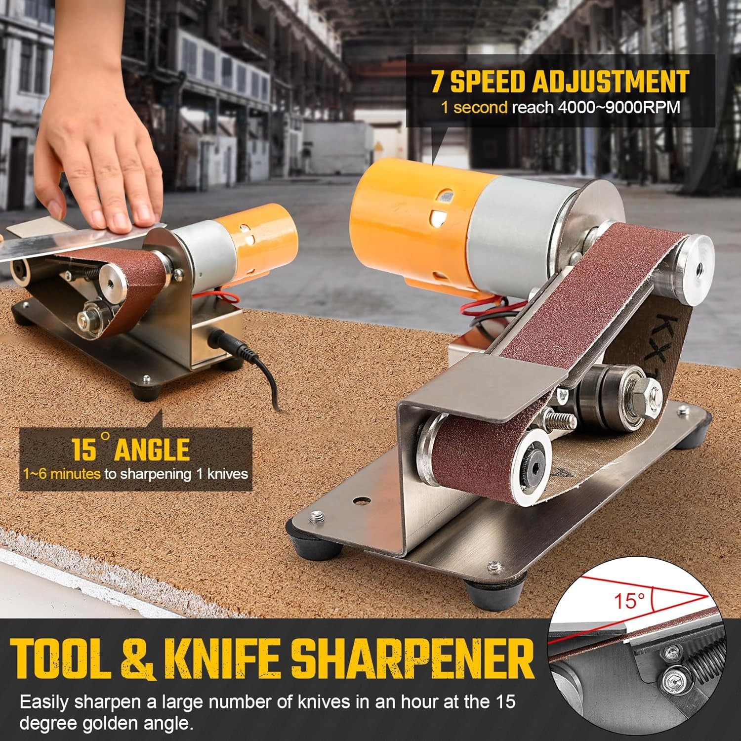 3-In-1 Mini Belt Sander – 15 Degree Knife Sharpener Electric Bench Grinder