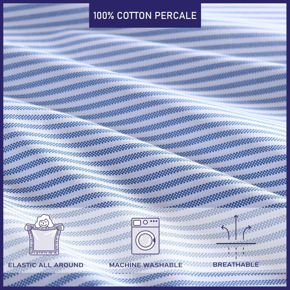 Twin XL Printed Pattern Percale Cotton Sheet Set Blue Stripe – Poppy