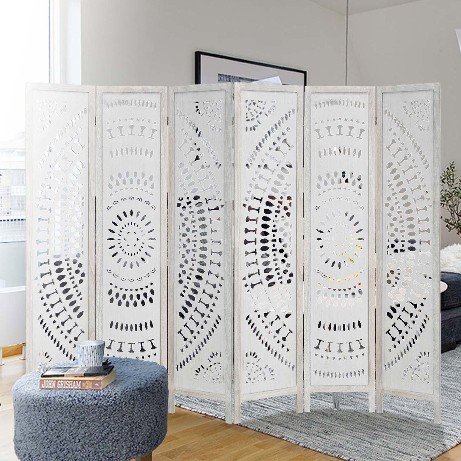 6 Panel Wood Folding Room Dividers 67” H Carved Privacy Screens Freestanding