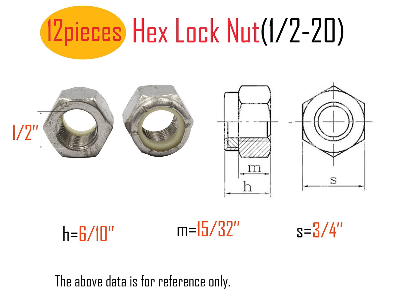LBY 12pcs Lock Nuts, 1/2-20 Nylon Insert Hex Lock Nuts, 304 Stainless Steel (…