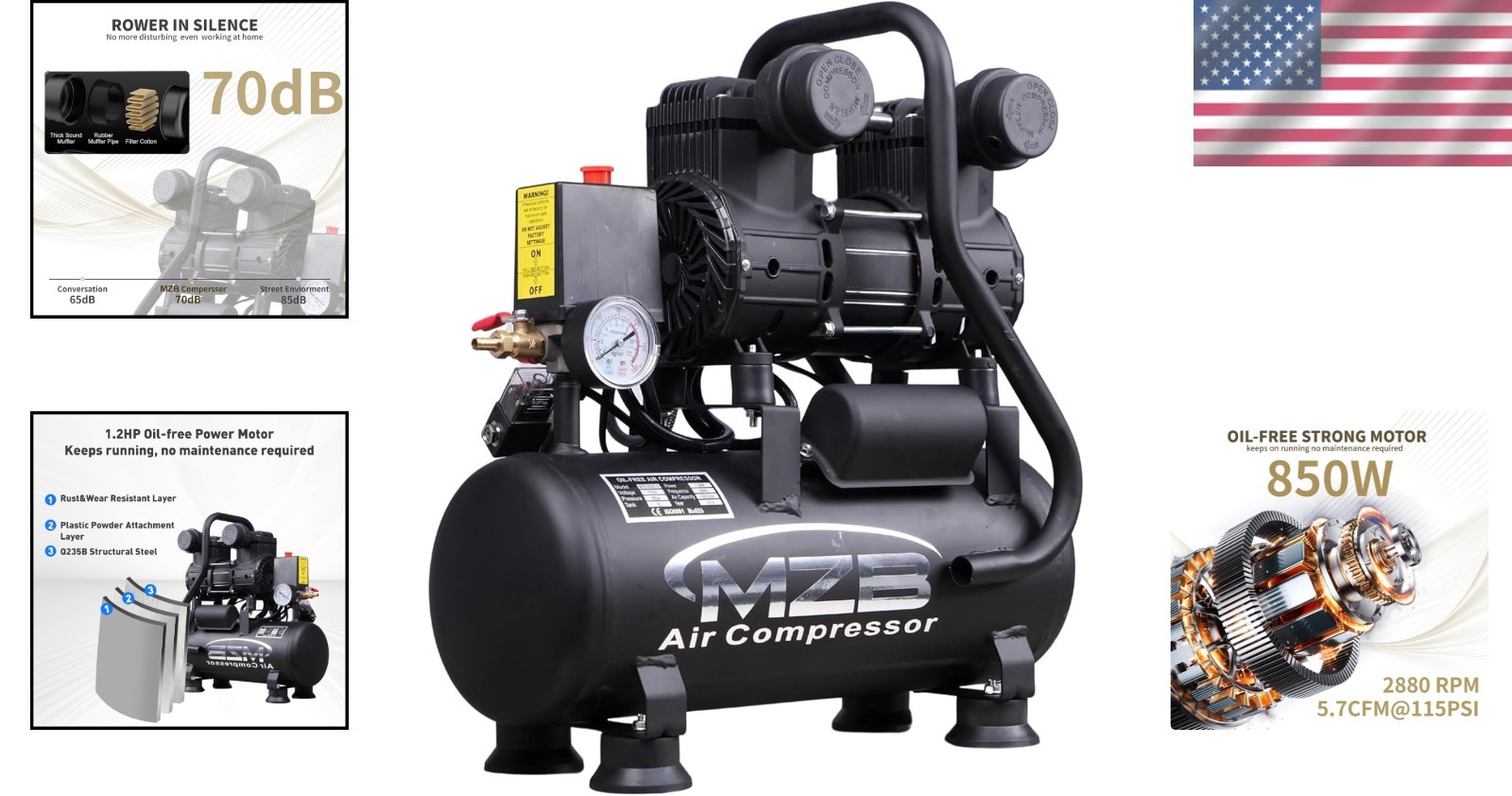 Quiet 70dB Air Compressor w/ Wheels for Spray Painting