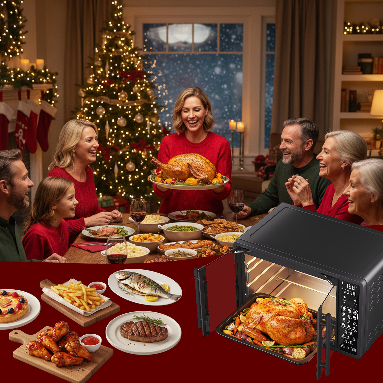 25 QT French Door Air Fryer Toaster Oven Combo 1700W 19 Functions Digital, Black