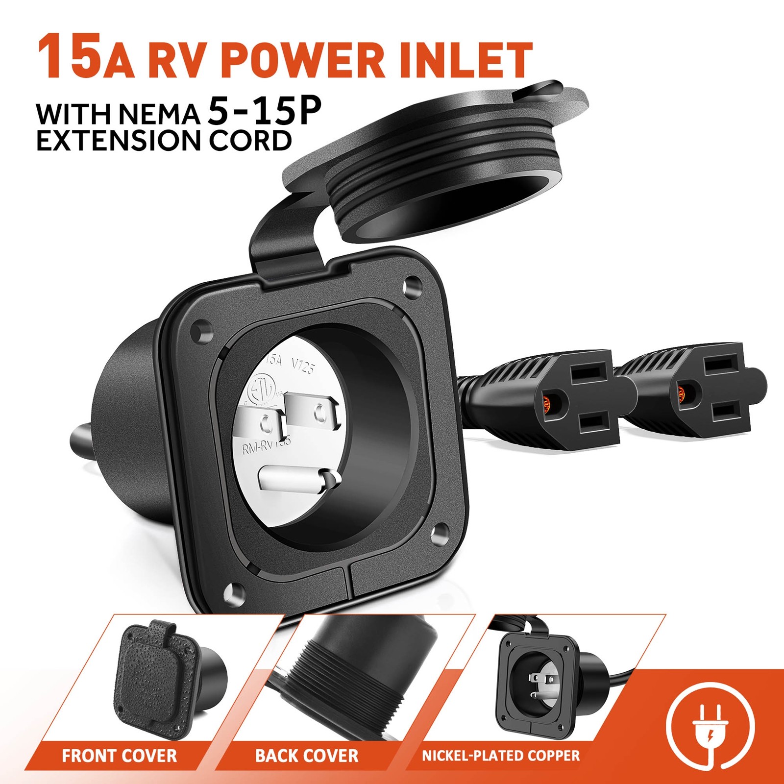 15A AC Port Plug Shore Power Inlet Dual 18″ Extension Cord Y Splitter Cable 125v