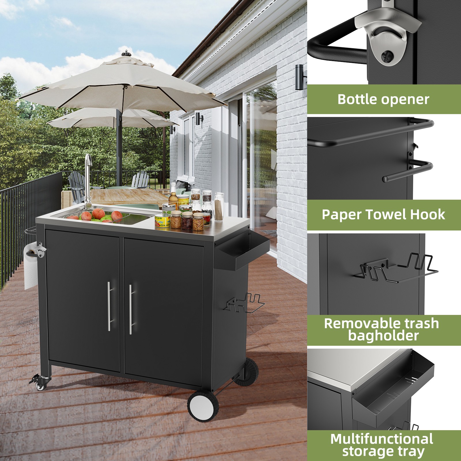 Outdoor Grill Cart Sink Station 304 Stainless Steel Cabinet Wheels 38x18x35in