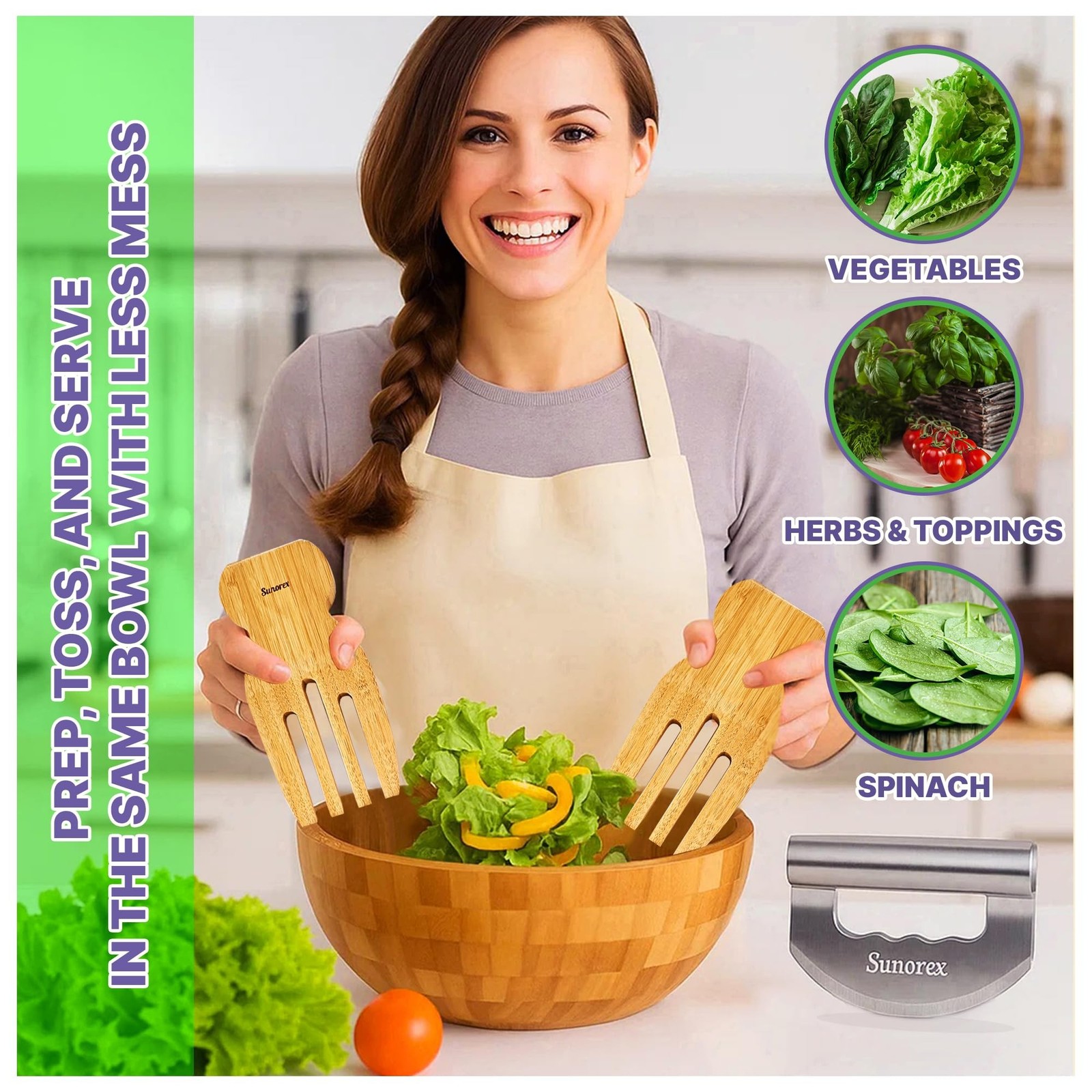 Salad Chopper Set – Stainless Steel Double Blade Mezzaluna Chopper with 2
