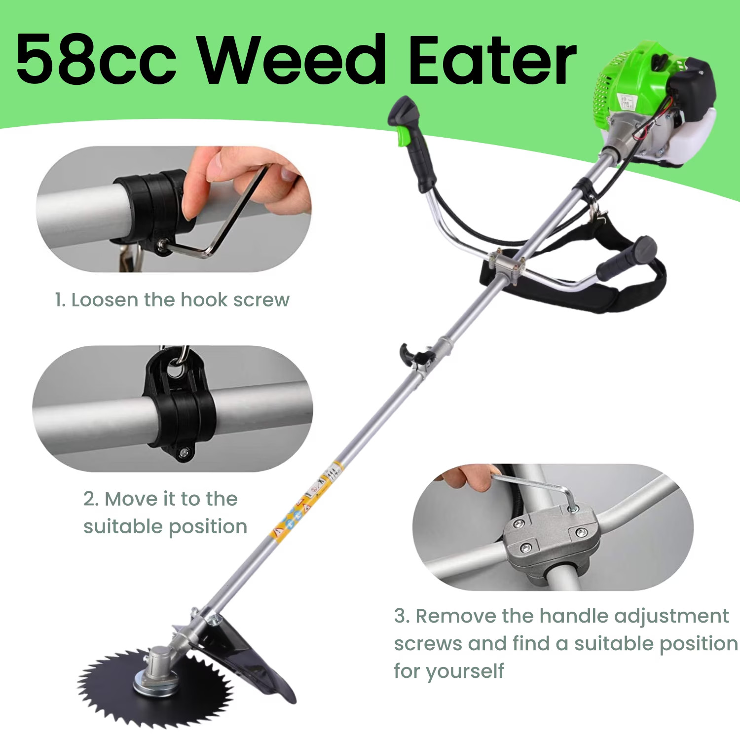 58CC 4 in 1 2 Brush Cutter Gas Powered Weed Wacker Straight Shaft String Trimmer
