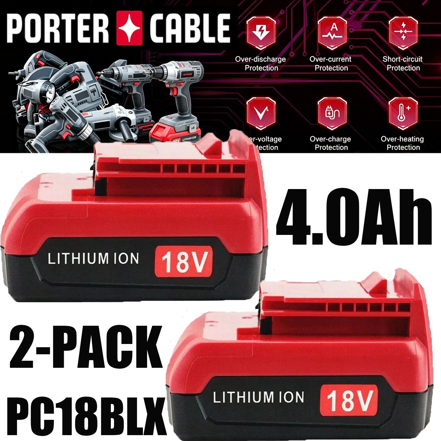 2Pack 18V 8.0Ah Lithium Battery for Porter Cable 18V PC18BLX PC18BL OR Charger